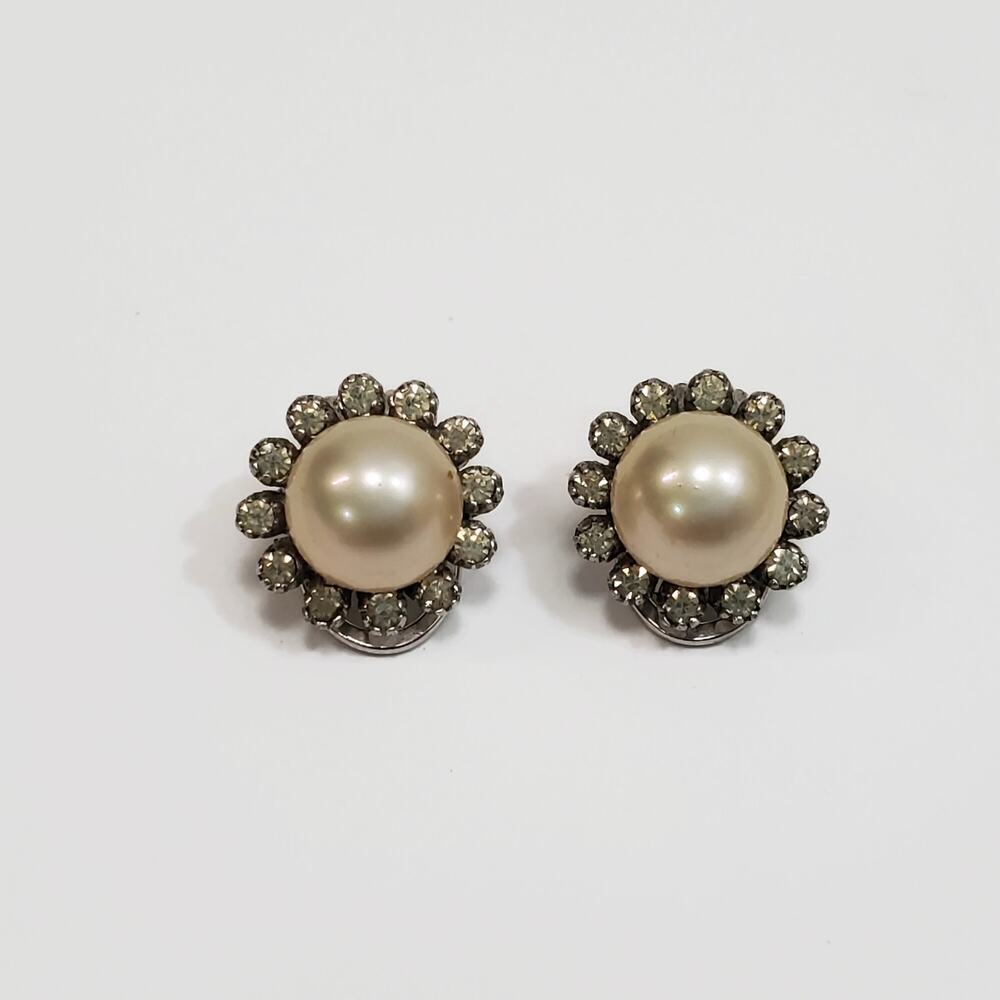 Faux Pearl & Rhinestone Midcentury 835 Silver Clip Earrings